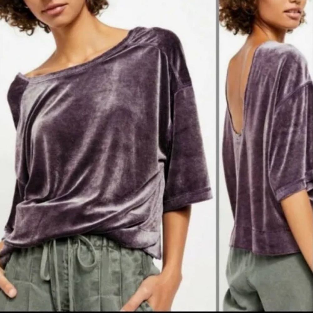 Free People We The Free Valerie Velour Scoop Back Velvet Tee Small Purple - Picture 9 of 9